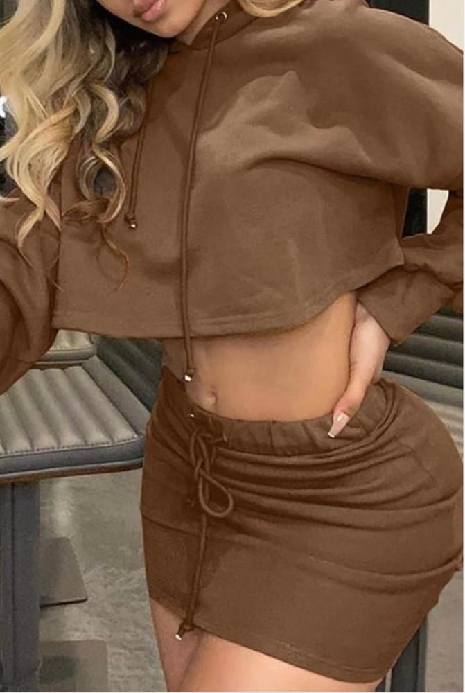 Image of Cropped Hoodie Skirt Set (brown)
