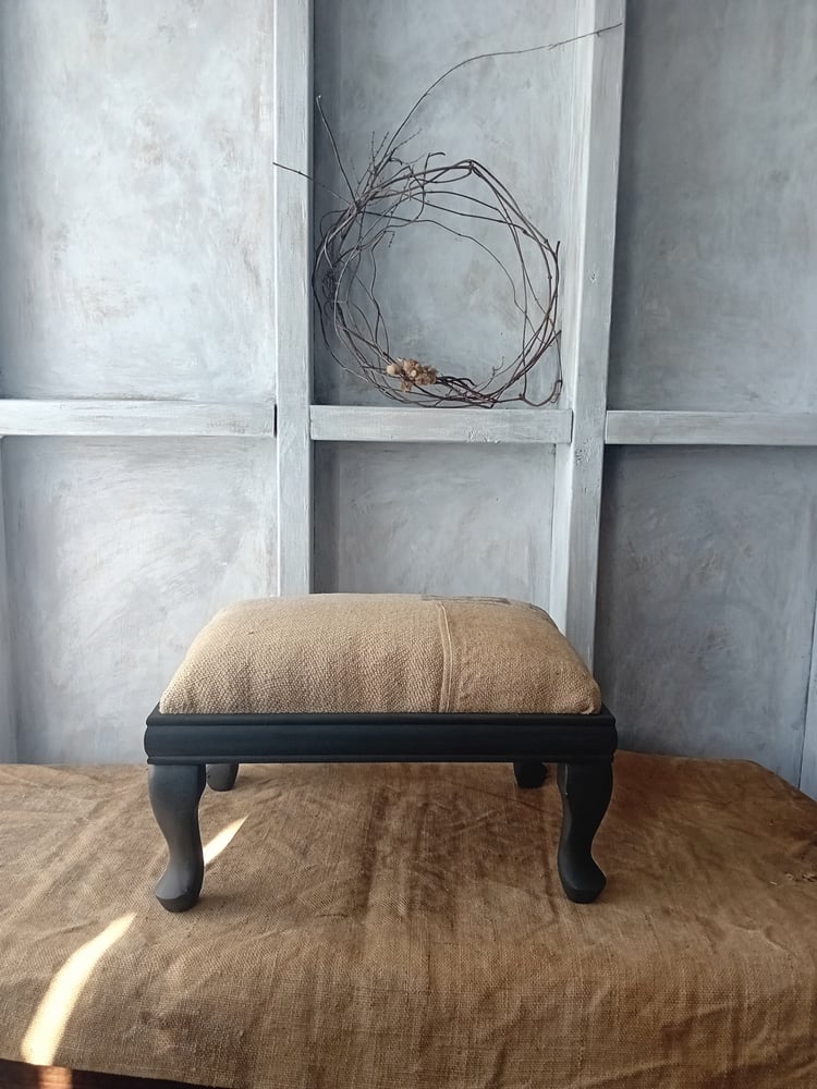 Image of Deconstructed Little Rustic Country Barn Footstool Printed Hessian Upholstered 