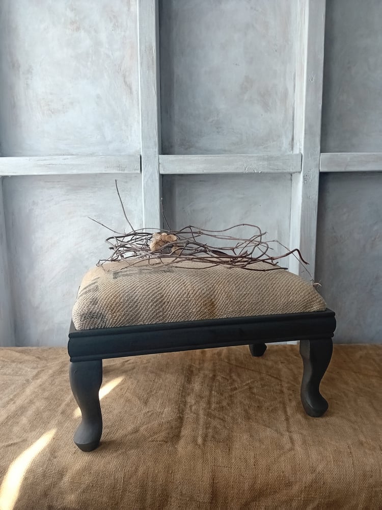 Image of Deconstructed Little Rustic Country Barn Footstool Printed Hessian Upholstered 