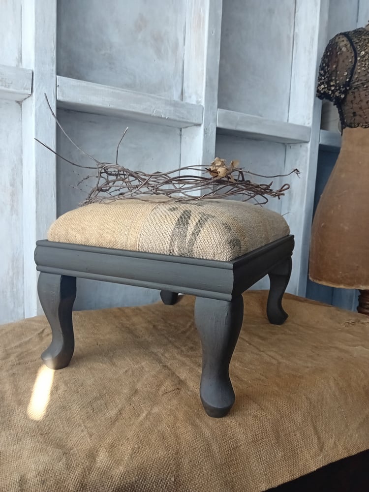 Image of Deconstructed Little Rustic Country Barn Footstool Printed Hessian Upholstered 