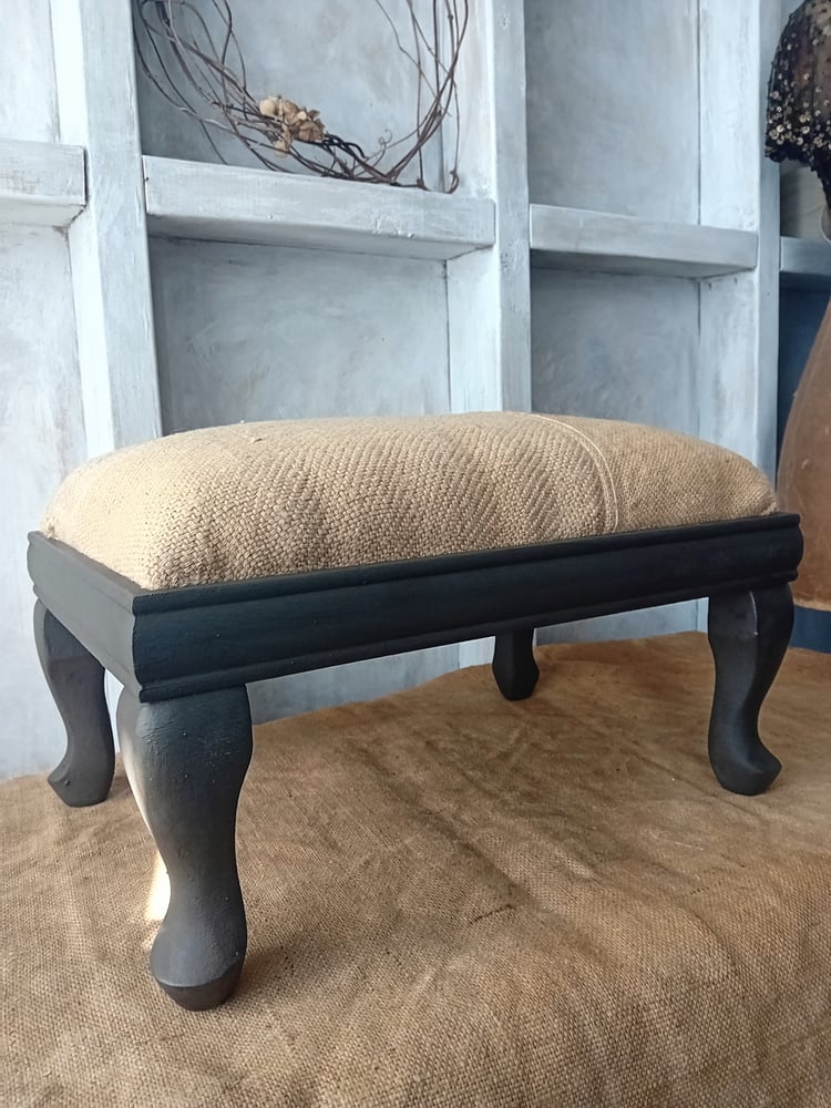 Image of Deconstructed Little Rustic Country Barn Footstool Printed Hessian Upholstered 