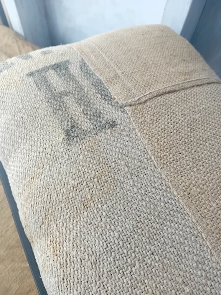 Image of Deconstructed Little Rustic Country Barn Footstool Printed Hessian Upholstered 