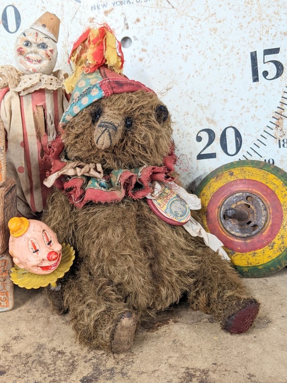 Image of 9" Fat old Vintage ToY Schoenhut  Mohair Teddy Bear holding vintage clown  by Whendi's Bears.