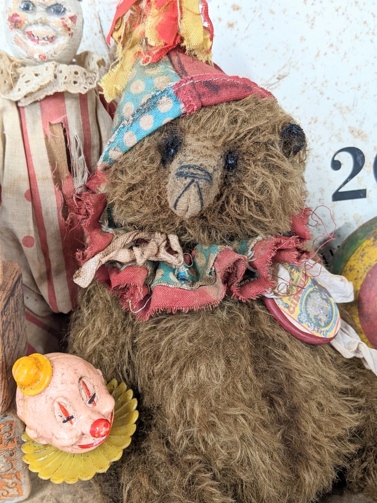 Image of 9" Fat old Vintage ToY Schoenhut  Mohair Teddy Bear holding vintage clown  by Whendi's Bears.