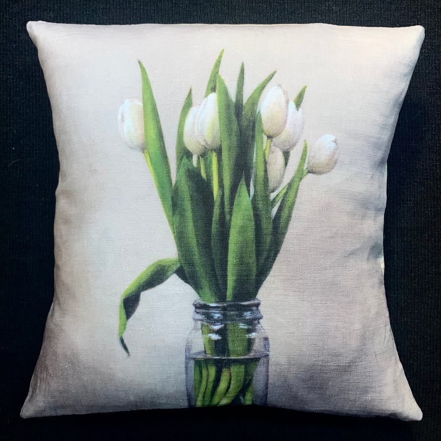 Image of Linen White Tulips Cushion