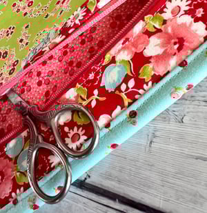 Image of The 5x6 Stitch Case/Quilted/Little Ruby Red/Aqua Cherry Binding/Coral Zipper