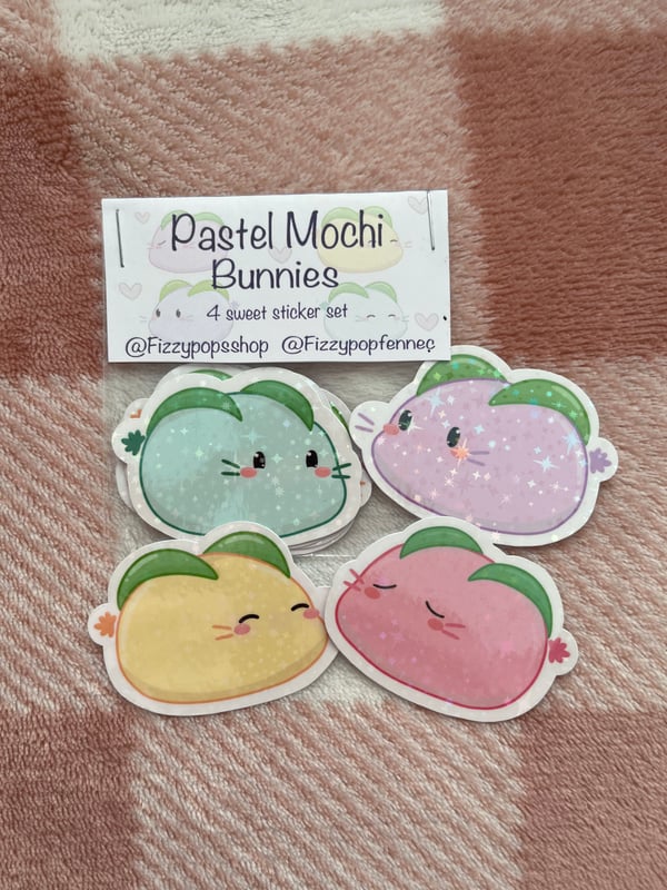 Image of 4 Sparkly Pastel Mochi Bunny Stickers