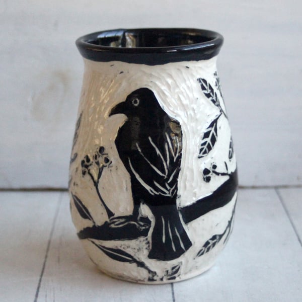 Image of Black Raven Pottery Vase, Hand Carved Black Crow, Art Vase, Made in USA
