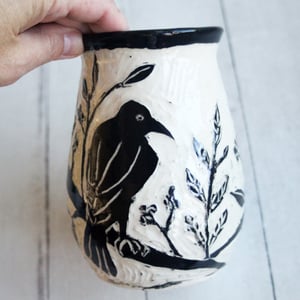 Image of Black Raven Pottery Vase, Hand Carved Black Crow, Art Vase, Made in USA