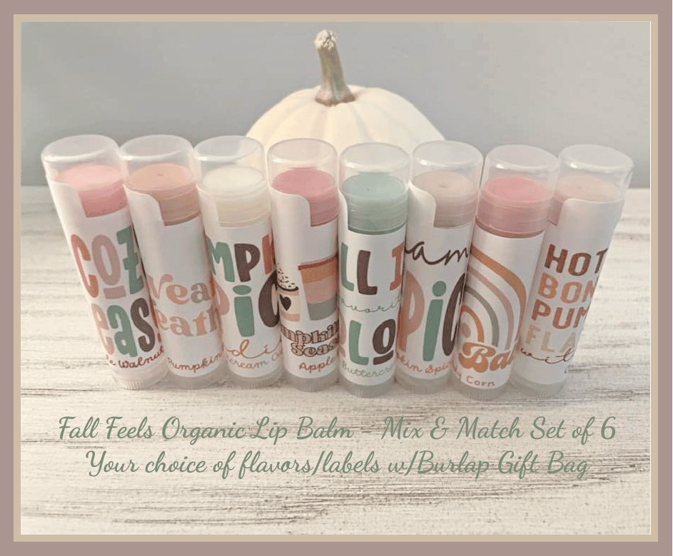 Image of Fall Feels Organic Lip Balm - Mix of 6  Flavors/Labels in Burlap Gift Bag 