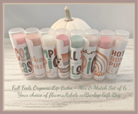 Image 1 of Fall Feels Organic Lip Balm - Mix of 6  Flavors/Labels in Burlap Gift Bag 