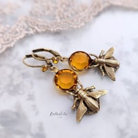 Image 1 of Honey Bee earrings,  Art Deco insect jewelry with honeycomb inspired honey topaz Swarovski Crystals 