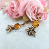Image 3 of Honey Bee earrings,  Art Deco insect jewelry with honeycomb inspired honey topaz Swarovski Crystals 