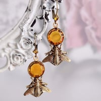 Image 5 of Honey Bee earrings,  Art Deco insect jewelry with honeycomb inspired honey topaz Swarovski Crystals 