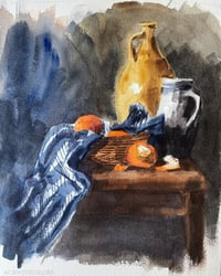 Still life with oranges, pitcher and wine jar.