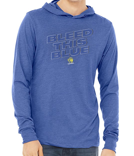 Image of Bleed This Blue Long Sleeve Light Hooded // Heather Royal Blue // GLF 2023