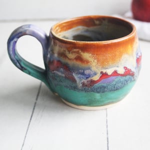 Image of Stoneware Coffee Mug in Multi Colored Glazes, Colorful Coffee Cup, 13 oz. Handmade in USA