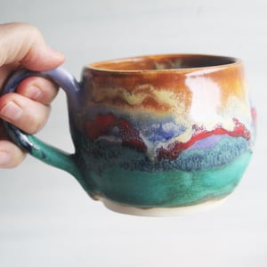Image of Stoneware Coffee Mug in Multi Colored Glazes, Colorful Coffee Cup, 13 oz. Handmade in USA