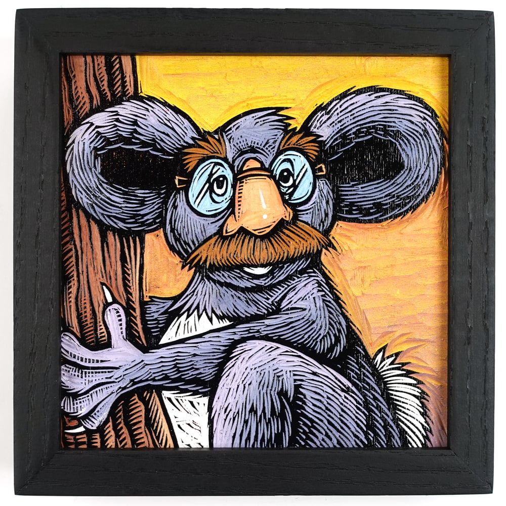 Incognito Koala with a Mustache - Framed Woodcut **FREE SHIPPING**