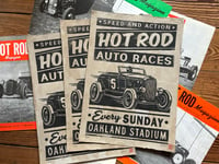 Image 1 of Oakland Hot Rod Auto Races aged Linocut Print (Black edition) FREE SHIPPING