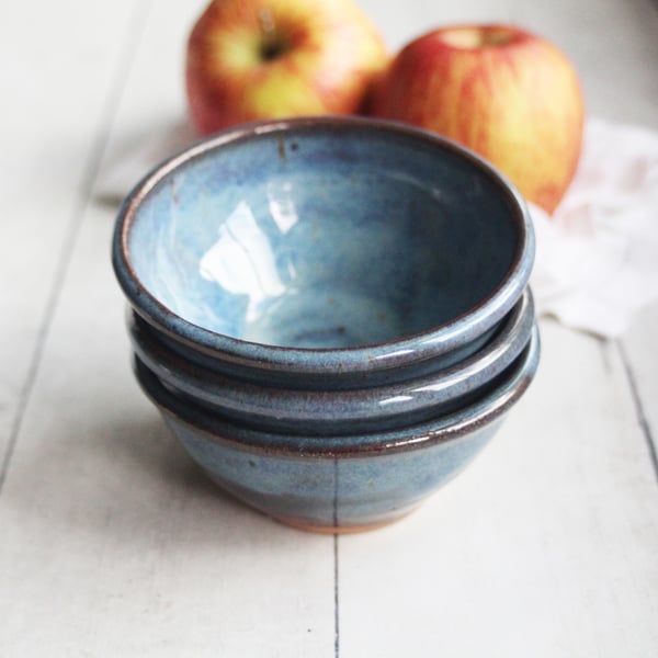 Image of Three Small Rustic Blue Ceramic Pottery Bowls, Kitchen Prep Handcrafted Made in USA