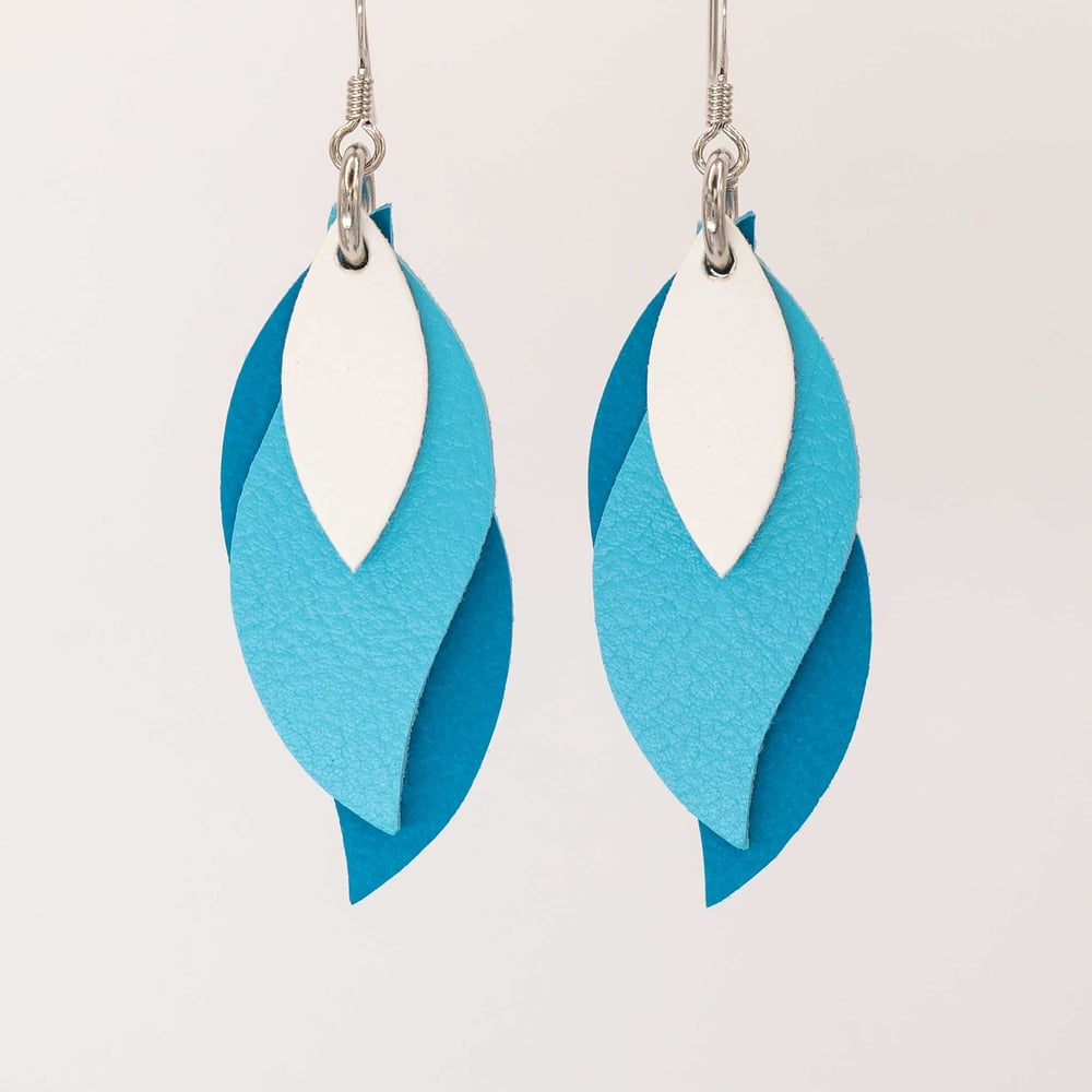 Image of Australian leather leaf earrings - white with bright blues [LBL-546]