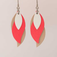 Image 1 of Handmade Australian leather leaf earrings - White, bright coral, beige [LCB-543]