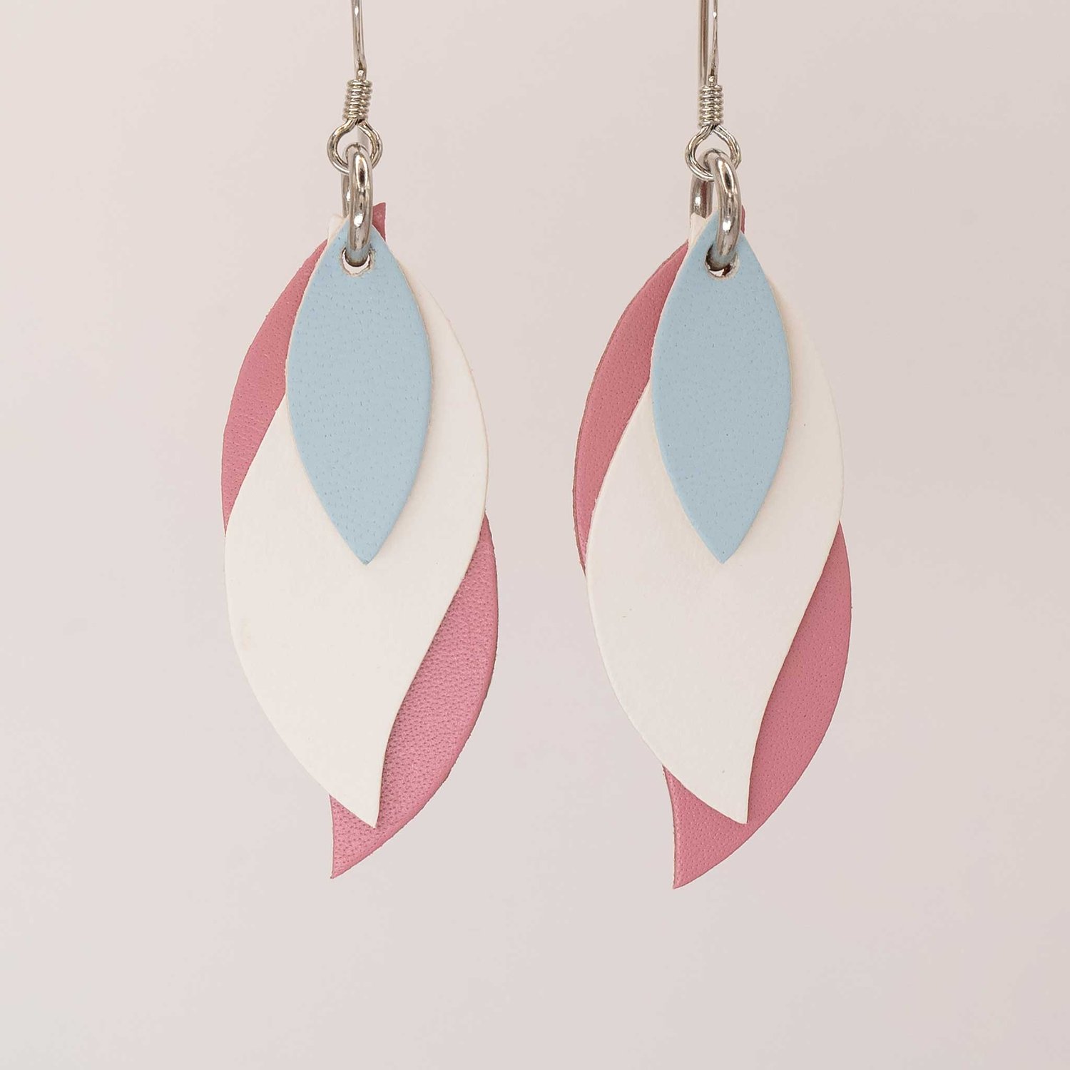Image of Handmade Australian leather leaf earrings - Powder blue, white, pink [LBP-051]