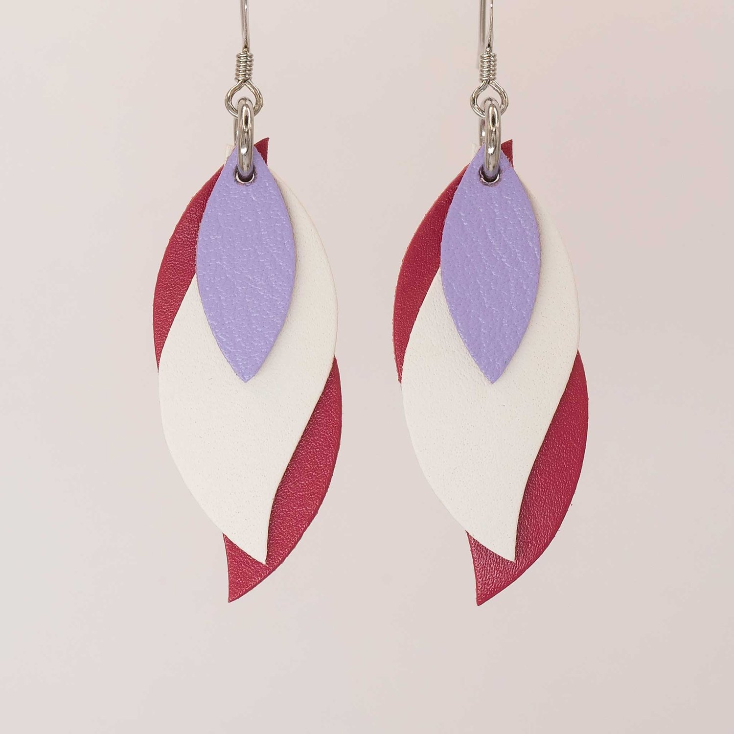 Image of Australian leather leaf earrings - lavender, white, deep pink