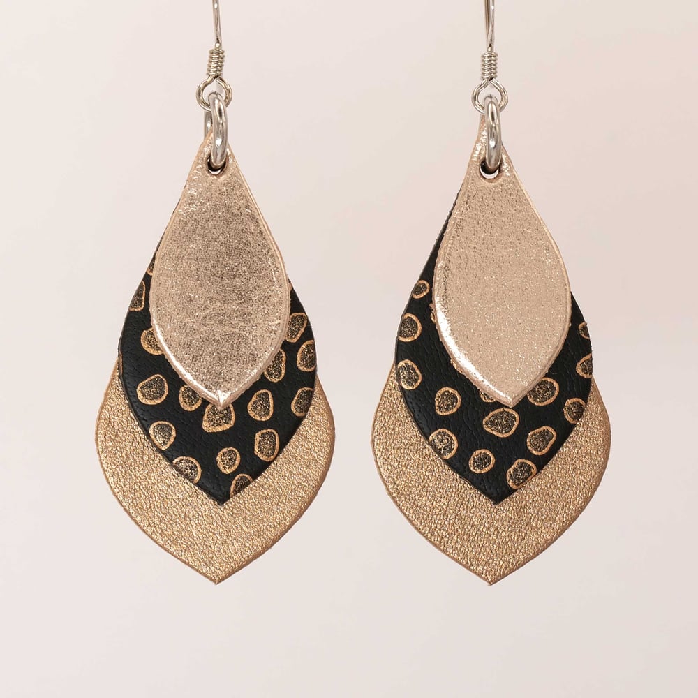 Image of Australian made leather teardrop earrings - Rose golds with bronze spot on black [TSB-043]