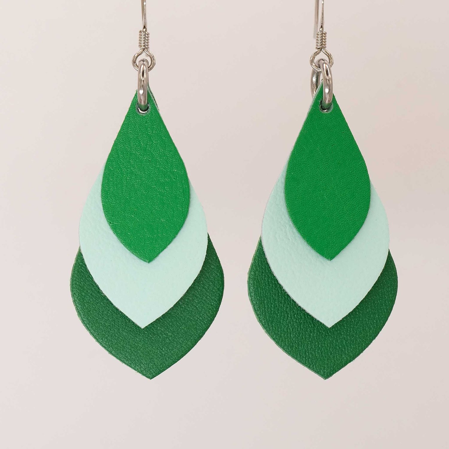 Image of Australian leather teardrop earrings - greens with mint green