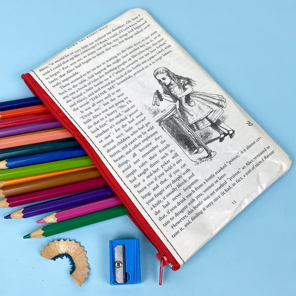 Image of Alice in Wonderland Book Page Pencil Case “Curiouser and curiouser!”