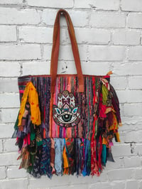 Image 1 of Frill Shoulder Bag made with Sari Fabrics Recycled- leather straps 