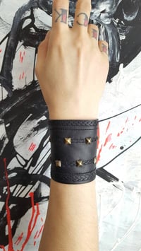 Image 2 of IDOLESS black vegan leather unisex gold studded bracelet gothic wrist cuff