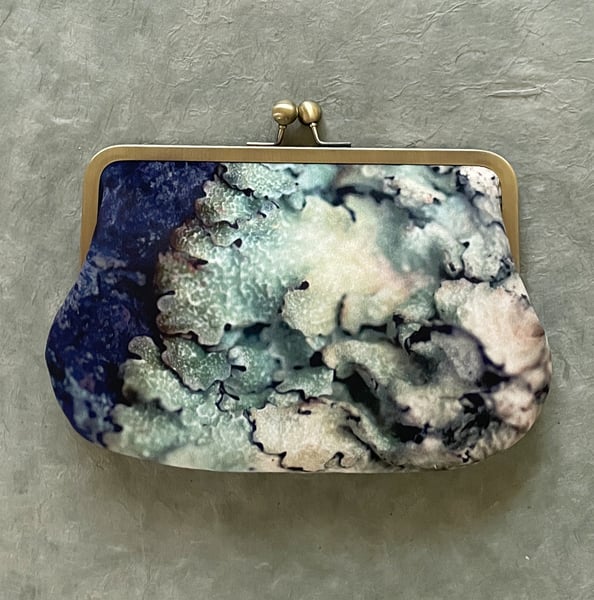 Image of Blue lichen, printed velvet shoulder bag with crossbody shoulder strap