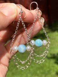 Image 2 of Larimar and Pearl Earrings, Sterling Silver Chain Earrings with Larimar and Pearl