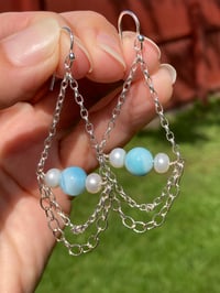 Image 3 of Larimar and Pearl Earrings, Sterling Silver Chain Earrings with Larimar and Pearl