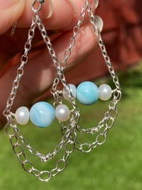 Image 5 of Larimar and Pearl Earrings, Sterling Silver Chain Earrings with Larimar and Pearl