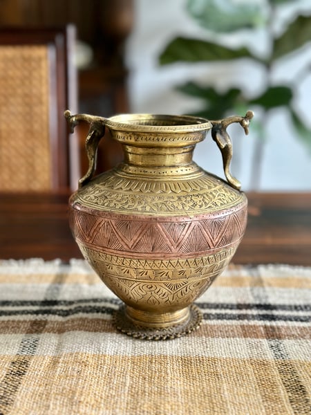 Image of Exquisite vintage brass and copper pot with handles. 