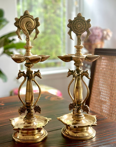 Image of Tall Shankh  and Chakra Brass Lamps