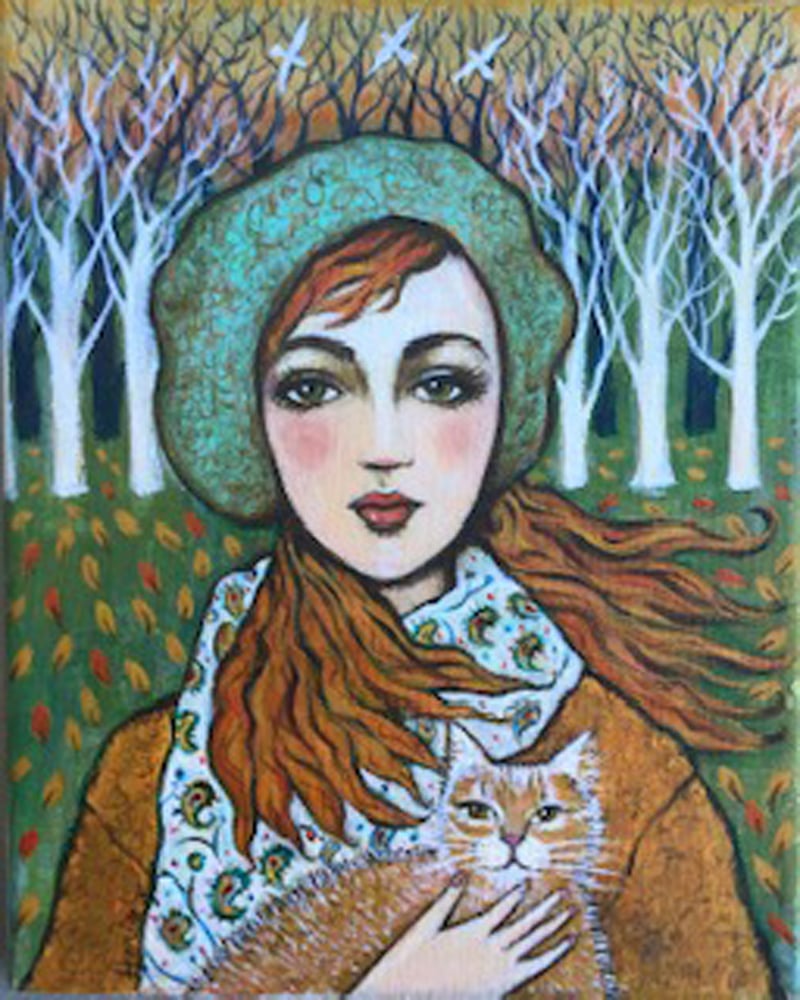Image of Original Painting Woman and Cat 