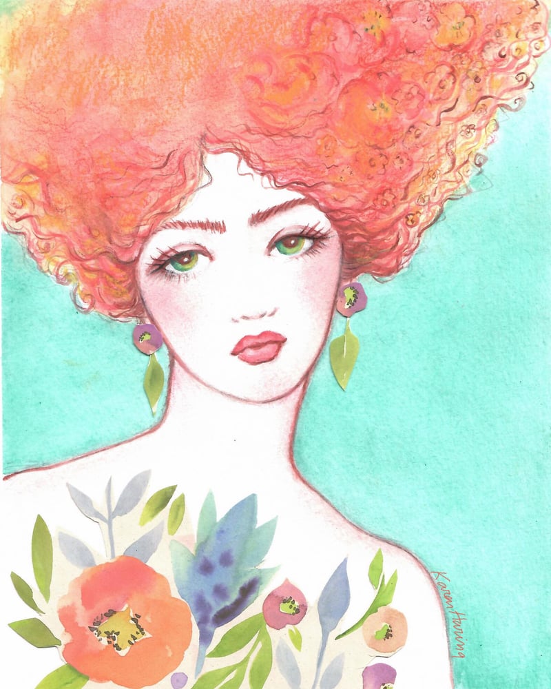 Image of Original Watercolor Woman Painting "Redheaded Beauty "