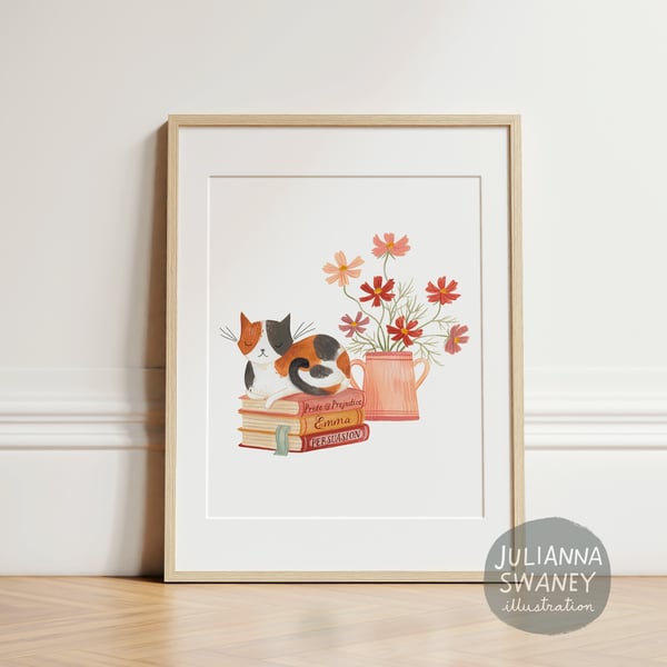 Image of Jane Austen Books and Cat Print 