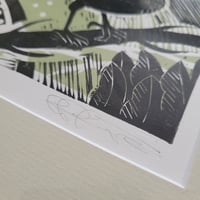 Image 3 of Blackbirds in the berries original linocut in frame
