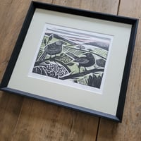 Image 1 of Blackbirds in the berries original linocut in frame