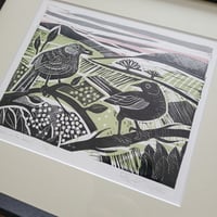 Image 4 of Blackbirds in the berries original linocut in frame