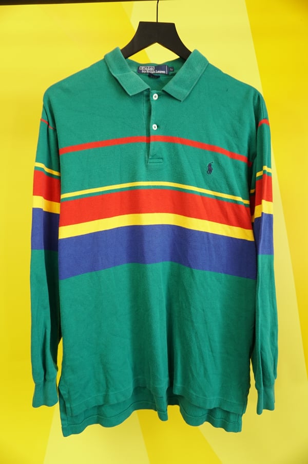 Image of (L) Green Striped Ralph Lauren Rugby Shirt