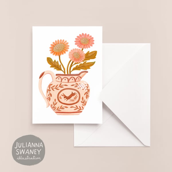 Image of Lusterware Pitcher With Pink Daisies Greeting Card