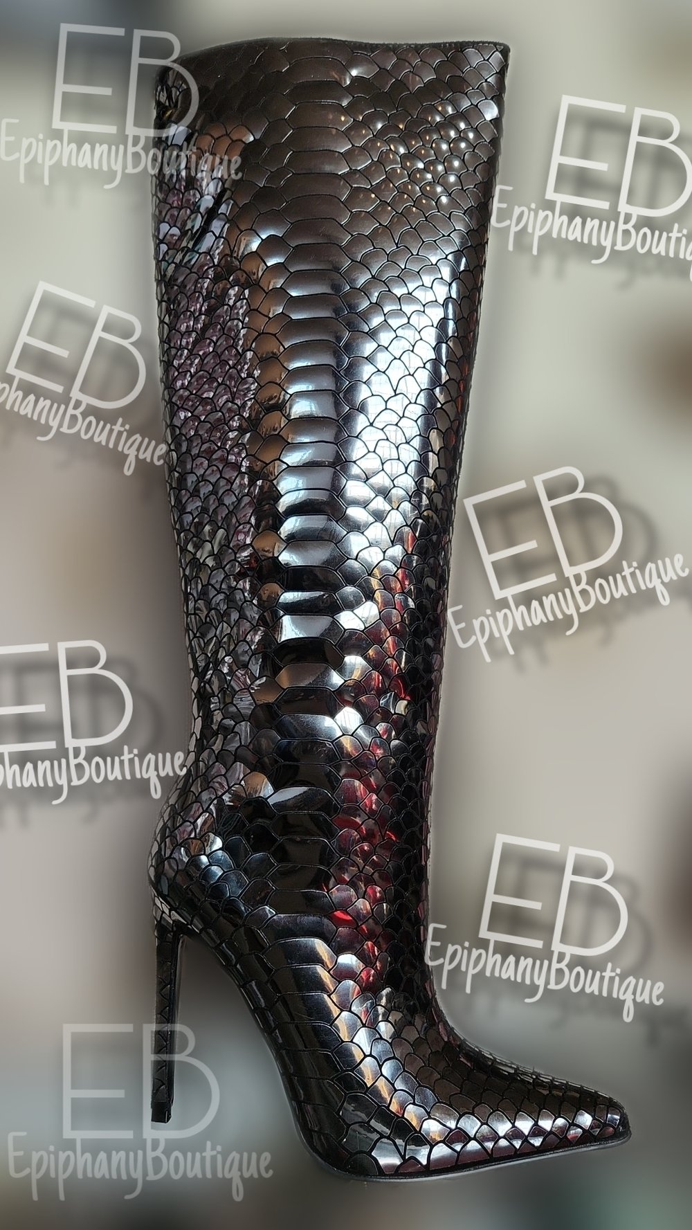 Image of The Phi' Metallic Snake Boot-Gun Metal