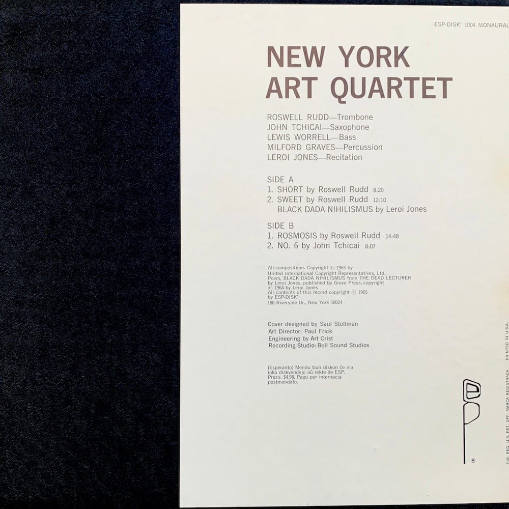 New York Art Quartet ‎– New York Art Quartet (ESP Disk 1004 - US